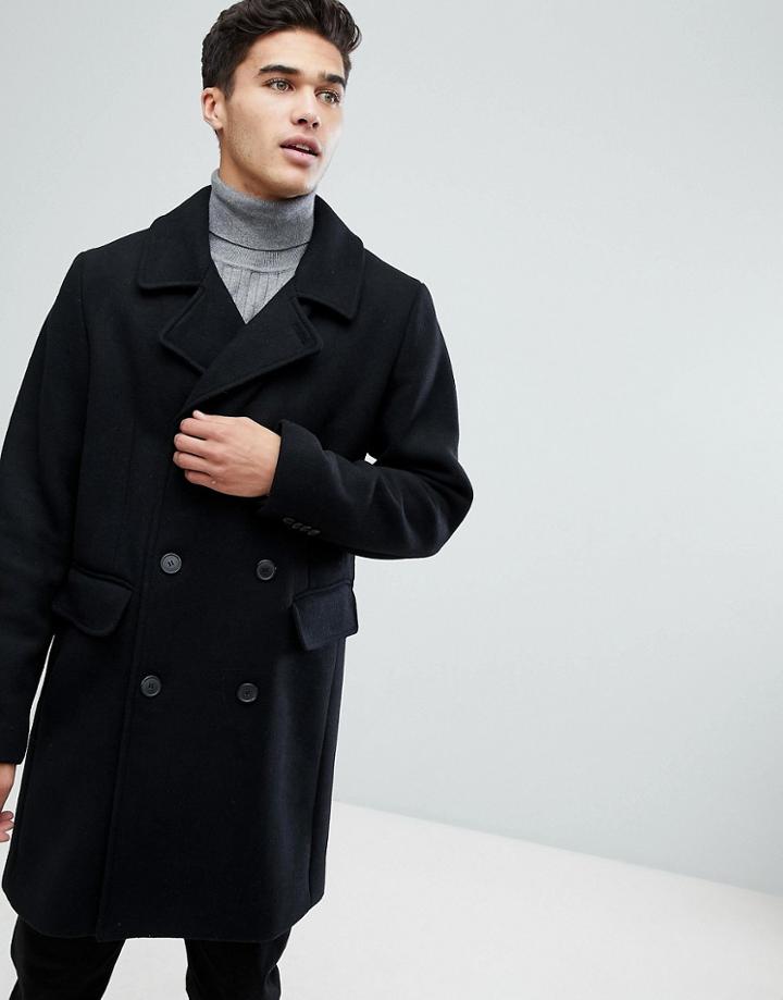 Stradivarius Double Breasted Overcoat In Black - Black