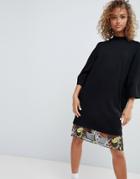 Asos Design Embroidered Mesh Hem T-shirt Dress-black