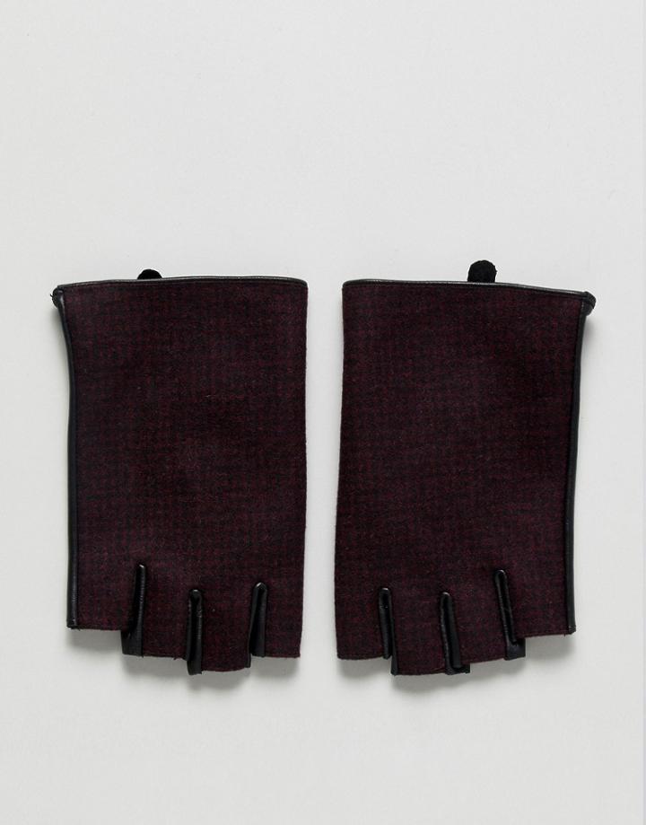 Asos Fingerless Leather Gloves In Burgundy Check - Red