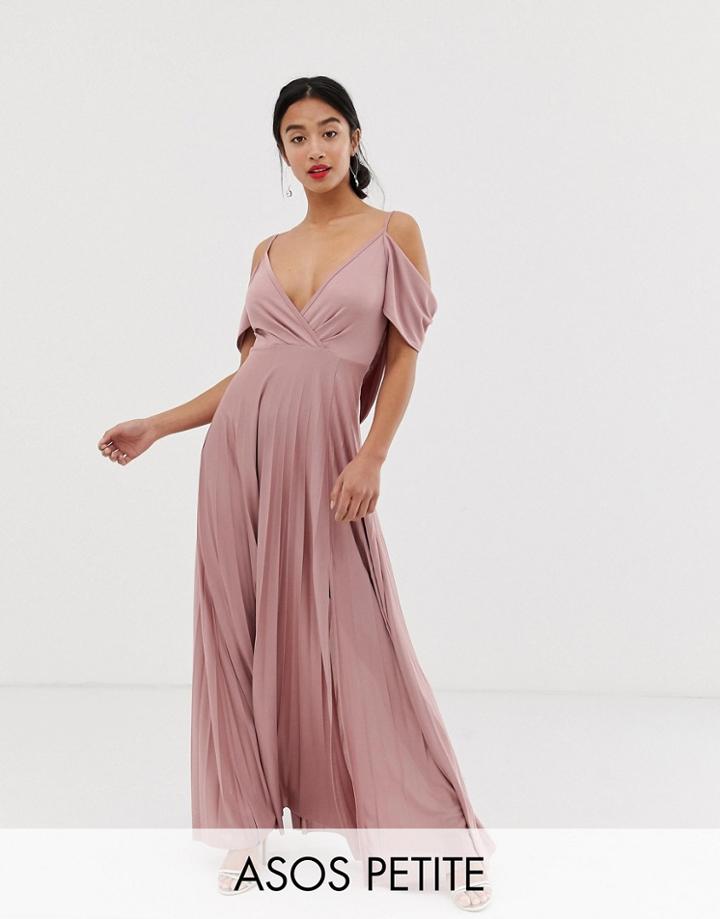 Asos Design Petite Cold Shoulder Cowl Back Pleated Maxi Dress - Pink