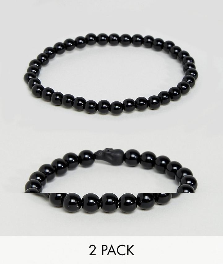 Asos Beaded Bracelet Pack In Matte Black With Skull Design - Black