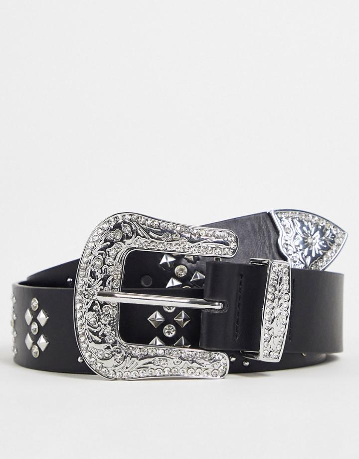 Asos Design Wide Faux Leather Western Belt With Studding And Crystals In Black