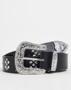 Asos Design Wide Faux Leather Western Belt With Studding And Crystals In Black