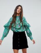Influence High Neck Ruffle Front Blouson Sleeve Top In Floral Print - Green