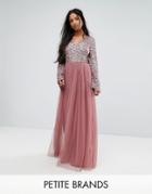 Maya Petite Sequin Top Tulle Maxi Dress With Fluted Sleeve Detail - Purple
