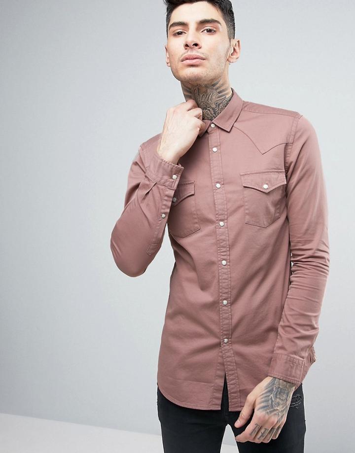 Asos Skinny Western Denim Shirt In Pink - Pink