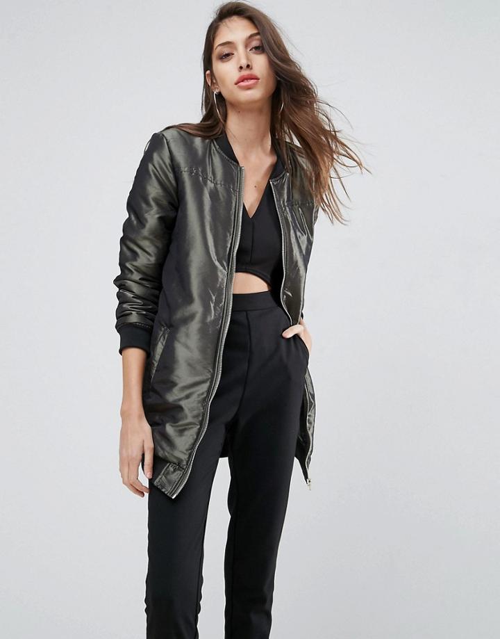 Missguided High Shine Longline Padded Bomber Jacket Khaki - Green