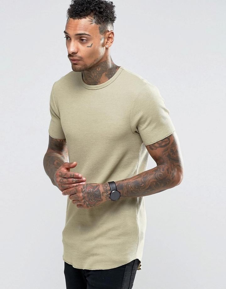 Asos Longline Muscle T-shirt In Waffle With Curved Hem In Beige - Beige