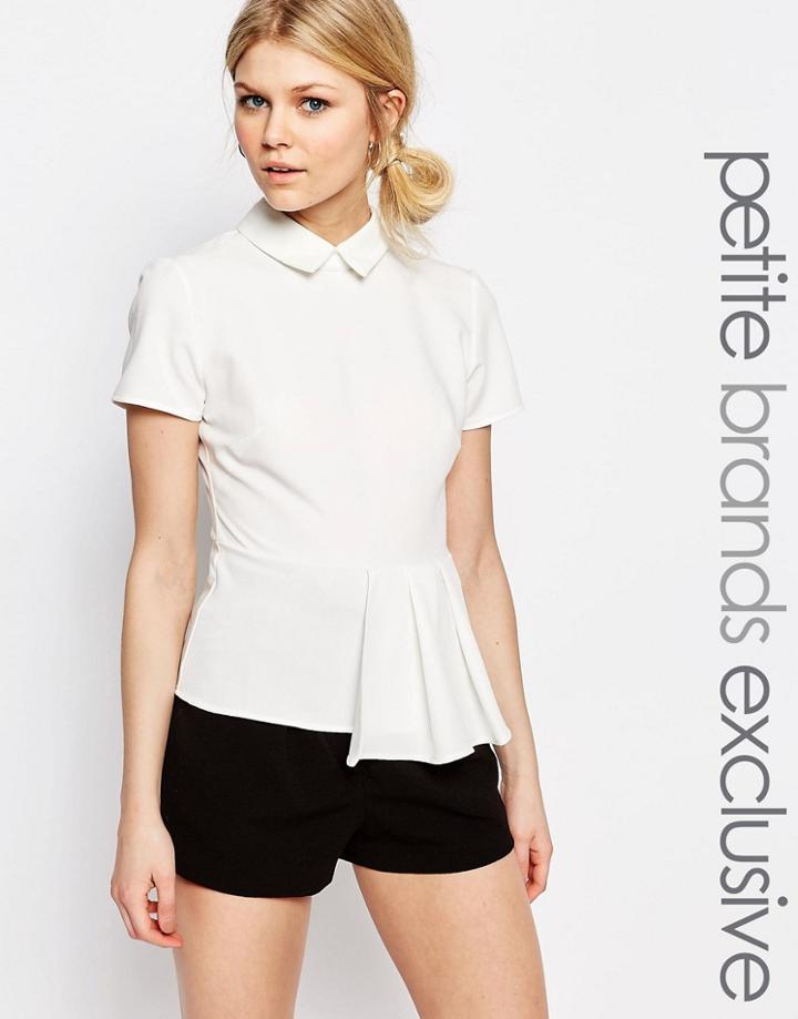 Alter Petite Short Sleeve Collar Top With Pleat Hem Detail - Cream