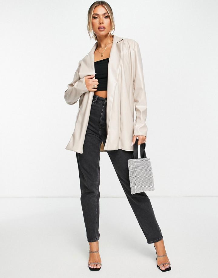 I Saw It First Leather Look Longline Blazer In Stone-neutral