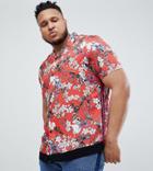 Asos Design Plus Regular Fit Floral Shirt With Velvet Tape Detail In Red - Red