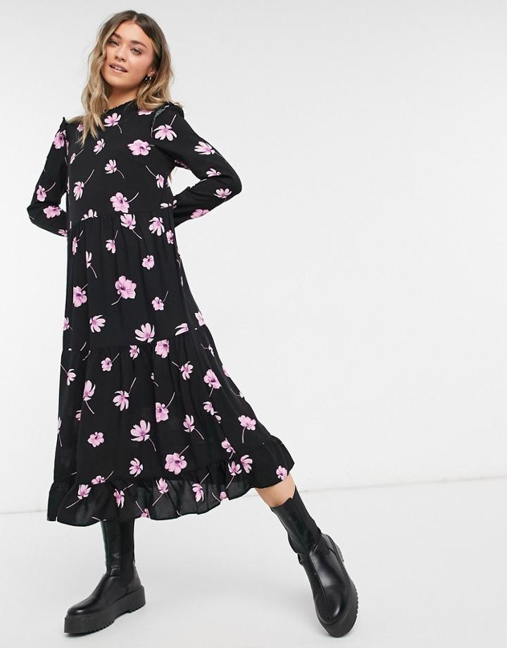 New Look Frill Sleeve Smock Midi Dress In Pink Floral-black