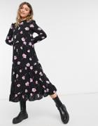 New Look Frill Sleeve Smock Midi Dress In Pink Floral-black