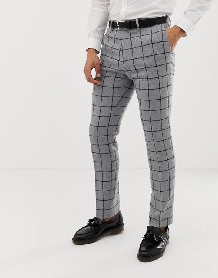 Asos Design Skinny Suit Pants In Gray Wool Mix Windowpane Check - Gray