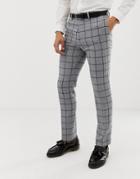 Asos Design Skinny Suit Pants In Gray Wool Mix Windowpane Check - Gray