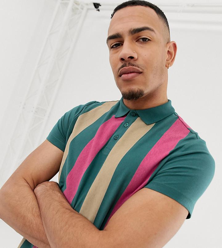 Asos Design Tall Organic Cotton Polo With Block Vertical Stripe - Green