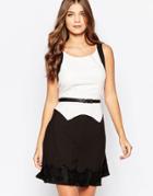 Style London Dress With Contrast Hem And Belted Waist - White