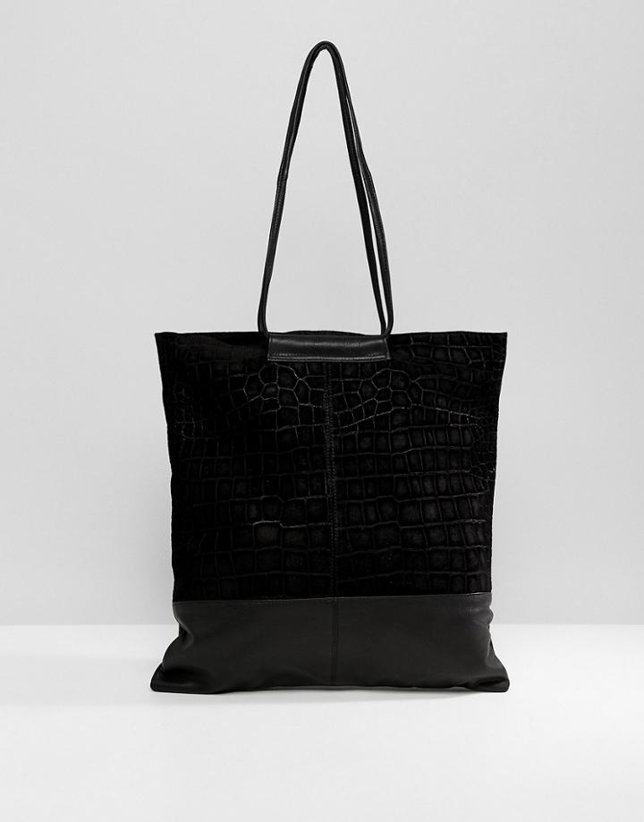 Asos Design Croc Embossed Suede And Leather Shopper Bag - Black