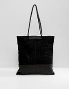 Asos Design Croc Embossed Suede And Leather Shopper Bag - Black