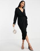 Asos Design Wrap Slinky Blouson Sleeve Midi Dress In Black