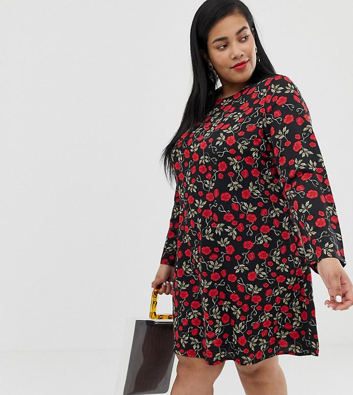 Glamorous Curve Long Sleeve Swing Dress In Vintage Rose Print