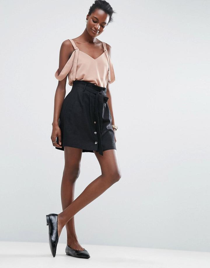 Asos Button Through Linen Mini Skirt - Black
