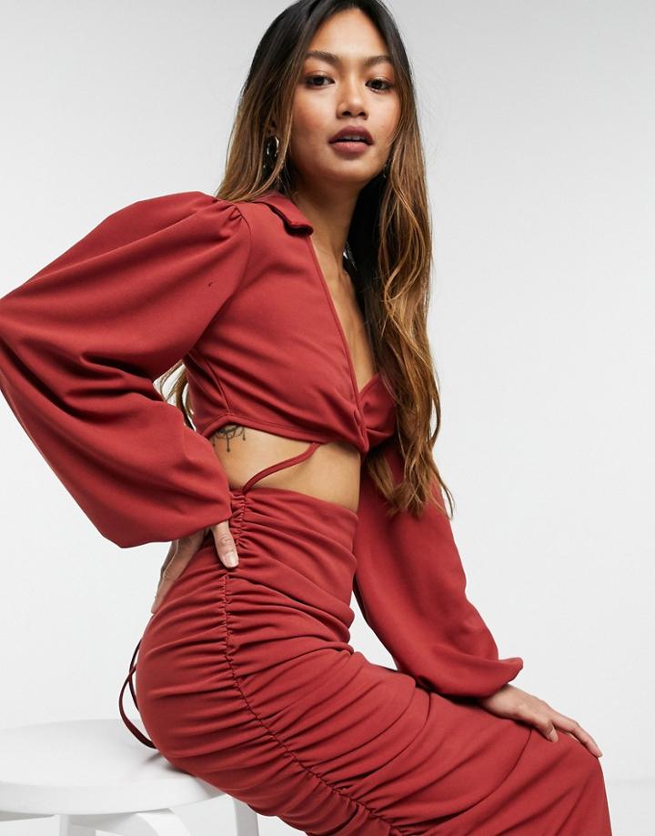 Asos Design Cut Out Strappy Shirt Midi Dress With Ruching In Rust-brown