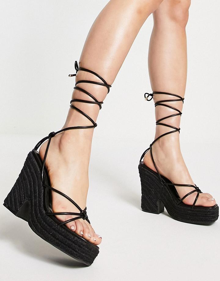 Topshop Wavy Tie Up Espadrille Wedge In Black