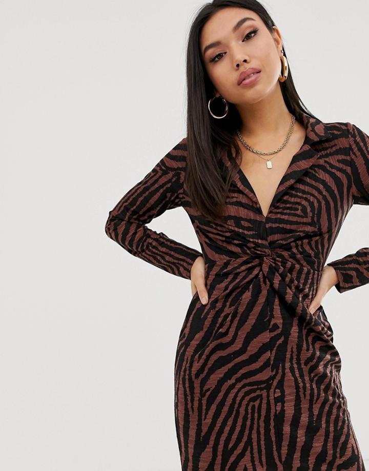 Asos Design Mini Crinkle Twist Front Shirt Dress In Zebra-multi