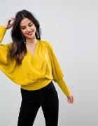 Asos Satin Batwing Wrap Top - Yellow