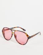 Asos Design Oversized Navigator Sunglasses With Pink Lens In Brown Tort - Brown