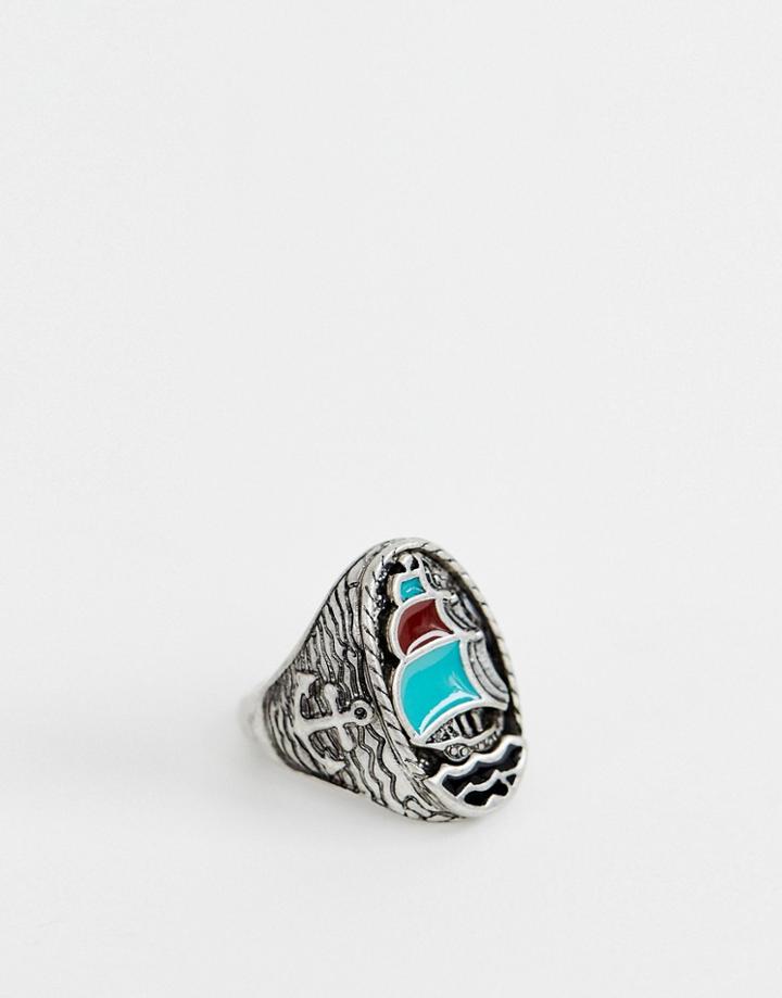 Asos Design Chunky Nautical Ring With Ship In Burnished Silver Tone - Silver