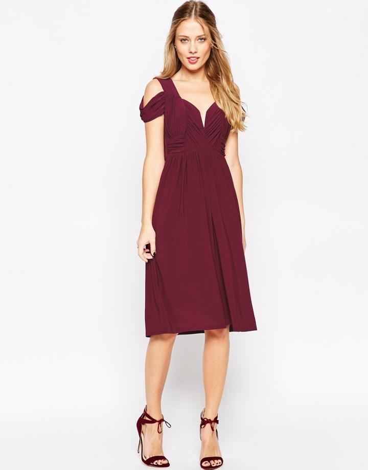 Asos Wedding Drape Cold Shoulder Midi Dress - Oxblood