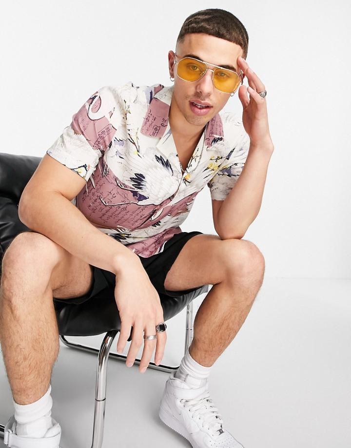 Asos Design Regular Revere Bird Print Shirt In Pink