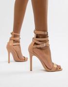 Prettylittlething Ankle Wrap Detail Barely There Heeled Sandals In Nude - Beige
