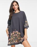 Asos Design Oversized T-shirt Dress In Charcoal Gray With Gold Floral Cutwork Embroidery-grey