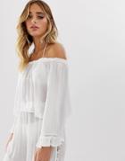 South Beach Crinkle Off Shoulder Beach Top With Frill Sleeve - White