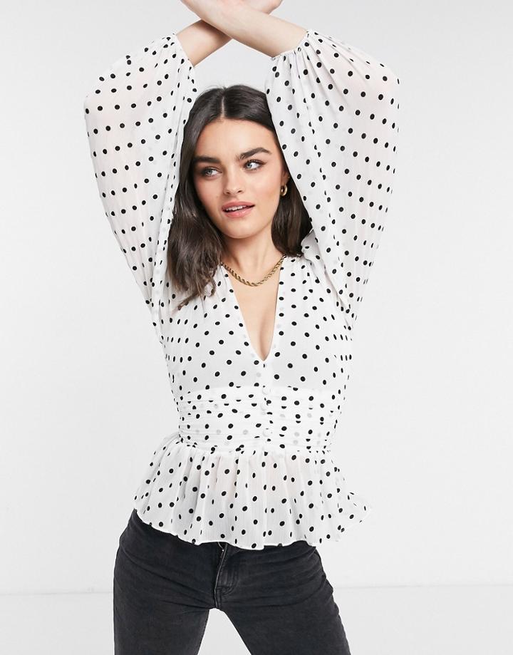 River Island Polka Dot Ruched Sleeve Blouse In White