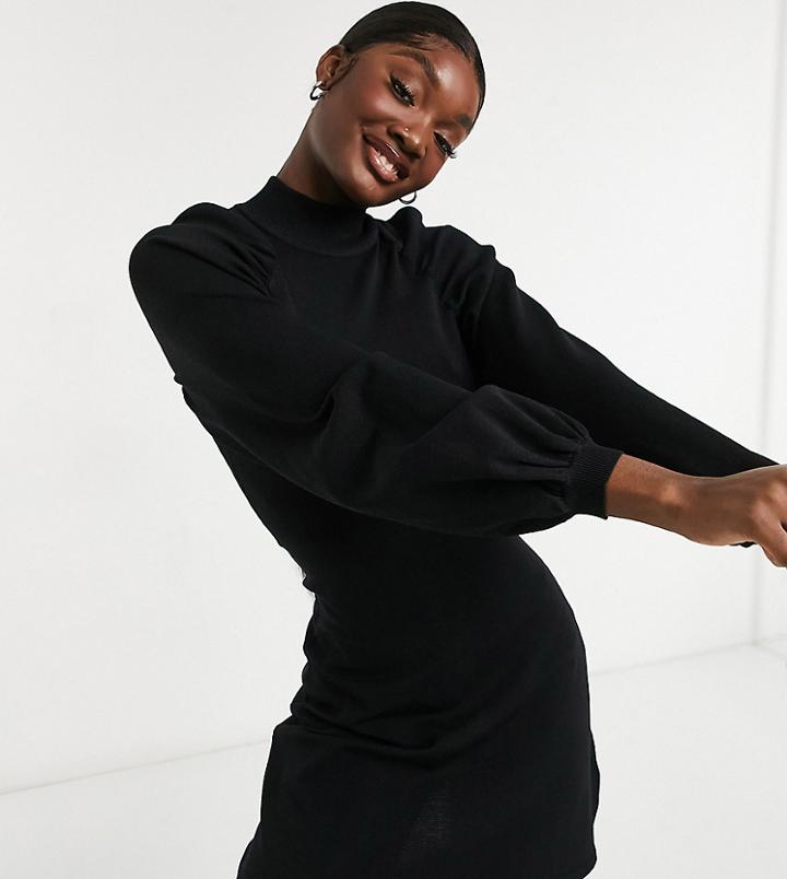 Asos Design Tall Knit Mini Dress With Pleated Sleeve Detail In Black