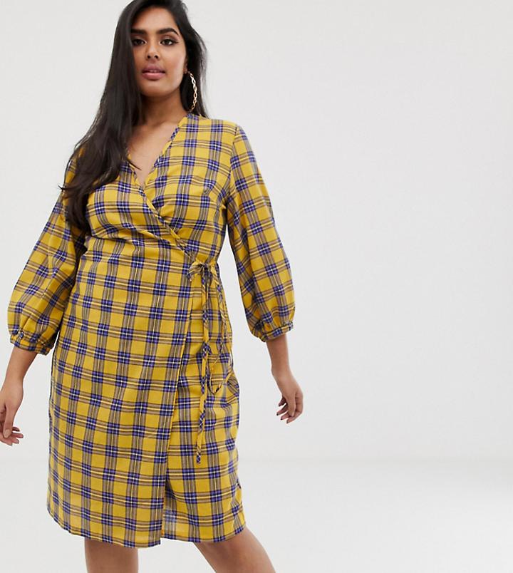 Prettylittlething Plus Wrap Tie Side Midi Dress In Yellow Check - Multi