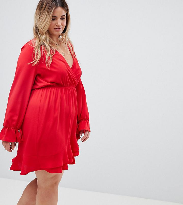 Boohoo Plus Ruffle Trim Wrap Dress - Red