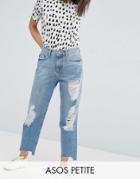 Asos Petite Original Mom Jean In Phoebe Wash With Rips And Stepped Hem - Blue
