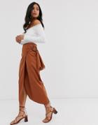 Asos Design Denim Midi Skirt With Buckle And Side Belt - Brown