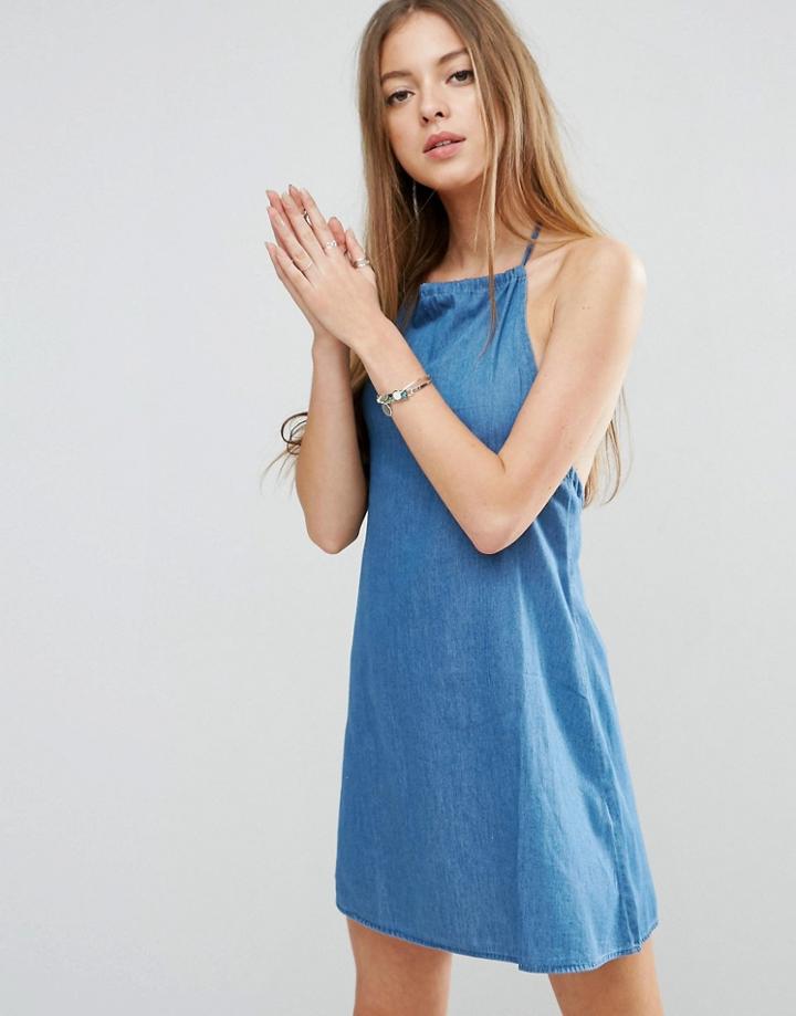 Asos Denim Halter Neck Sundress In Mid Wash Blue - Blue