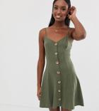 Asos Design Tall Exclusive Mini Slubby Cami Swing Dress With Faux Wood Buttons-green