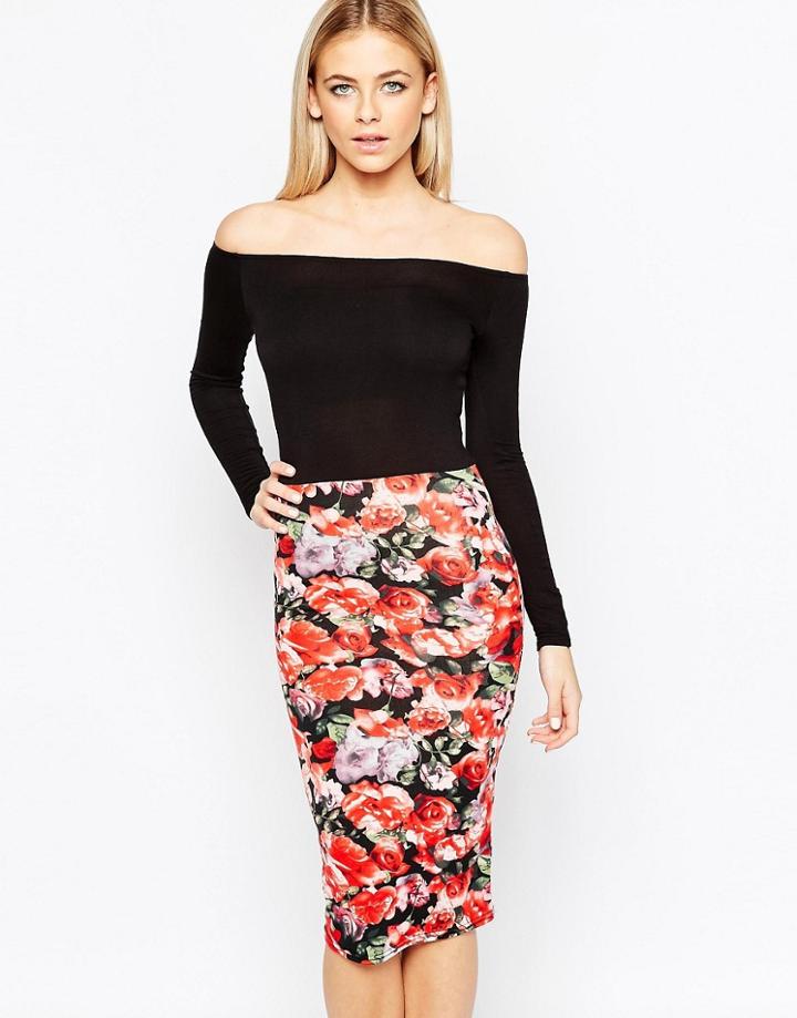 Club L Bardot Midi Dress With Rose Print Skirt - Red