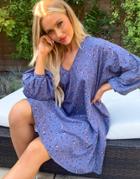 Asos Design Mini V Neck Swing Dress In Blue Ditsy Floral-grey