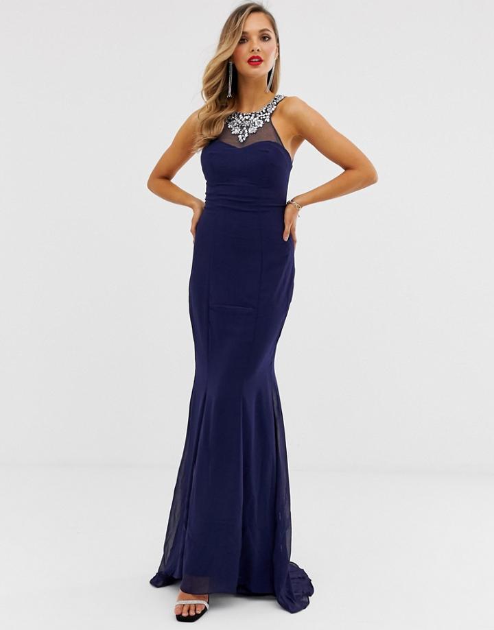 City Goddess Embellished Chiffon Maxi Dress-navy