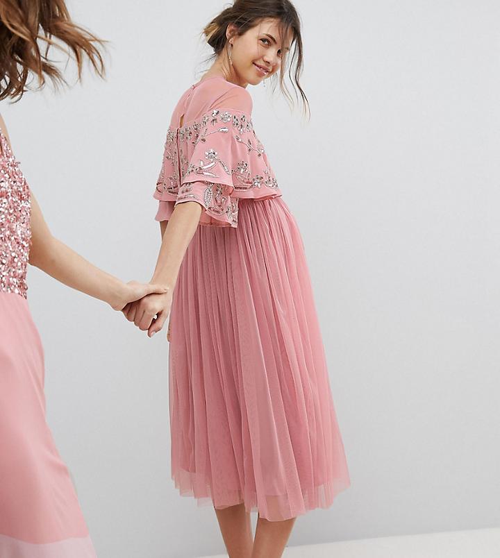 Maya Maternity Sheer Detail Sequin Cape Overlay Detail Midi Dress - Pink