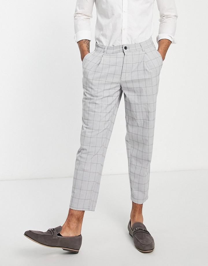 Jack & Jones Intelligence Wide Crop Pants In Gray Check